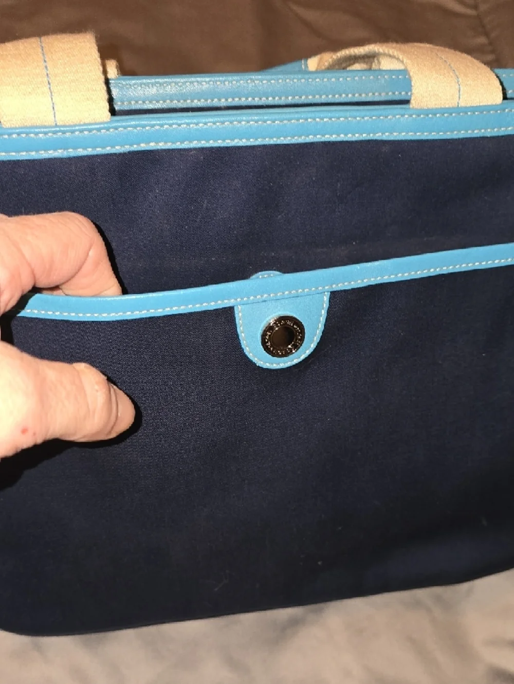NWT Coach Twill Garden Tote with Light Blue Trim and Cream Handles‎